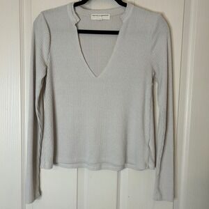 Project Social T Urban Outfitters Ribbed V Neck Long Sleeve Top Womens XS Beige